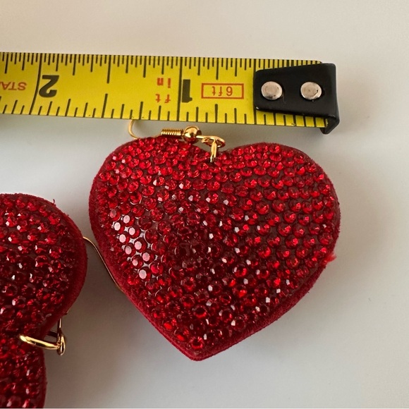 Red Rhinestone Heart Pillow Earrings | Gold Tone Statement Drop Earrings - Picture 9 of 13
